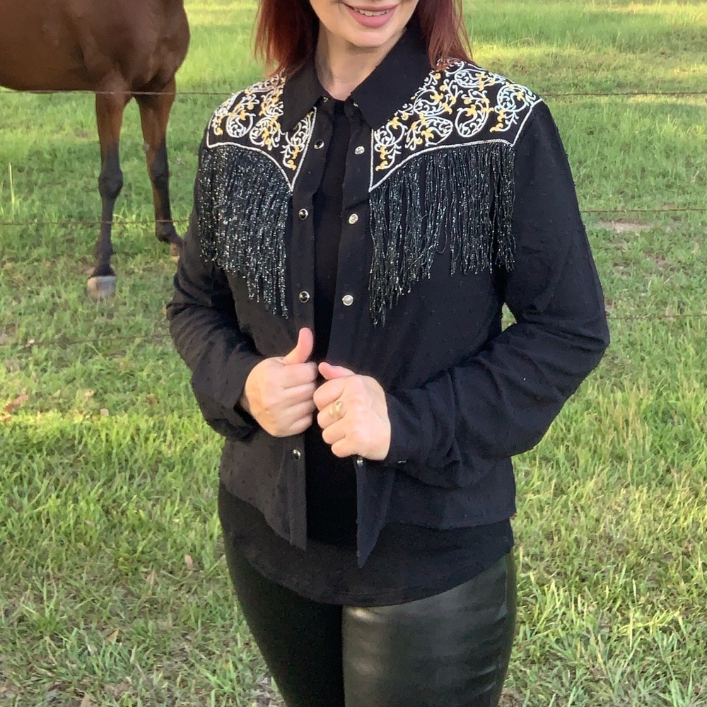 Black Fringe Embroidered Western Shirt Small